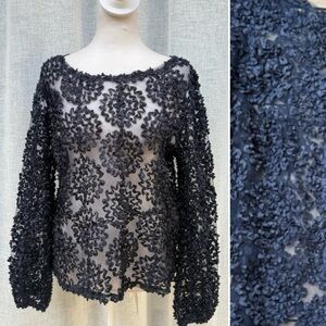 Choklate swirls floral appliqué navy blue long sleeve sheet blouse